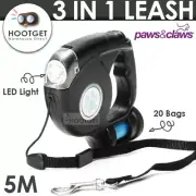 3 In 1 Retractable Dog Walking Lead Leash LED Light Clean Up Poo Bag Dispenser