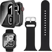 3 in 1 for Apple Watch Band with Case Built-in Screen Protector,Smartwatch Silicone Men Women Sport Wrist Strap & PC Hard Bumper Cover & Tempered Glass Screen Protector for iWatch SE Series 8 7 6 5 4