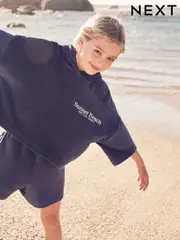 Navy Blue Slogan Towelling Beach Co-Ord Hoodie And Shorts Set (3-16yrs) (AB7023) | $24 - $31