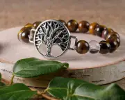 TIGERS EYE Crystal Bracelet, Tree of Life Charm, Clear QUARTZ Round Beads, E0614