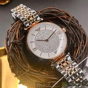 ARMANI 阿曼尼女錶 32mm 玫瑰金圓形精鋼錶殼 白色滿天星錶面款 AR00017