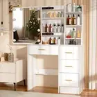 Dressing Table Dresser Makeup Vanity Table Stool Set w/ Mirror&LED Light White
