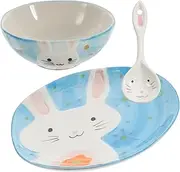 CRILSTYLEO Bunny Design Ceramic Plate Bowl Set Reusable Boys and Girls Dishware Ceramic Bowl Plate Set for Wedding