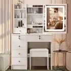 Dressing Table with Slide Mirror LED Light, Makeup Vanity with 6 Drawers Stool
