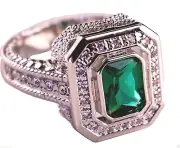 Classic Style Simulated Emerald Womens' Ring White Gold Overlay Size 10 S1