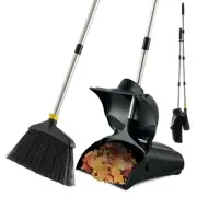 Outdoor Broom and Dustpan Set with Long Handle, Commercial Upright Standing D...