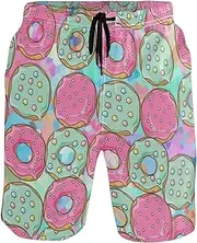 [GuoChe] Men's Swim Trunks Colorful Donuts Green Pink Quick Dry Swimwear Hot Summer Swim Trunks Pants with Mesh Lining