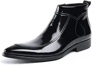 [Generic] Ankle Boot for Men High Top Boot Slip On StyleGenuine Leather Patent Leather Zipper Pointed Toe Block Heel Easy Care