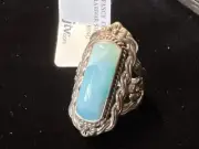 JTV Cabochon Larimar 925 Sterling Silver Ornate Ring Size 7