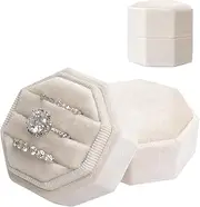 [Dqwtb] Velvet 3 Slots Jewelry Ring Box Vintage Octagon Premium Gorgeous Case Ring Display Holder Gift with Detachable Lid for Keepsake Ceremony Wedding Engagement Proposal (Beige, 3 Slots)