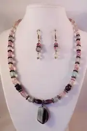 Handcrafted Natural Sterling Faceted Rainbow Fluorite Necklace & Earrings by HLS