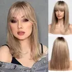 Ombre Ash Brown 14 Inch Bob Wig with Bangs 100% Remy Human Hair Wigs Glueless