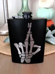 Liquor Hip Pocket Flask and Funnel, Engraved Skeletal Hand Art Drinking Gift