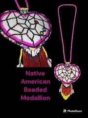 Native American Seed Bead Beaded Necklace Medallion Dream Catcher Heart