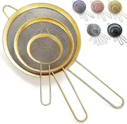 Gold Fine Mesh Strainer 3 Pieces Set, Golden Flour Sifter For Baking, Stainless Steel Clander, Matcha Tea Strainer, Gravy Separator, Stasher Sieve Pas