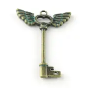 Flying Key Pendant Antiqued Bronze Skeleton Keys Verdigris Patina 59mm 2 Sided