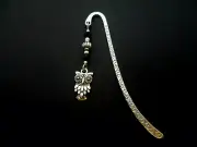 A TIBETAN SILVER OWL CHARM BLACK CRYSTALS BOOKMARK. NEW.