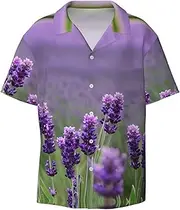 [YANYU] Purple Lavender Colored Flowers Print Hawaiian Shirts Men Short Sleeve Button Down Cuban Collar Shirt Summer Beach Days