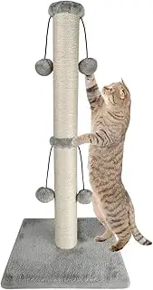 Dimaka 29'' Cat Scratching Post, Natural Sisal Rope Scratcher Post, Kitten Claw Scratch with 4 DanglingToy Balls for Large Cats (Grey)