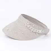 [LAYBAY] Women Straw Sun Visor Hat Women's Raffia Empty Top Hat Go Out All-Match Outing, Beach Hat, Pearl Chain, Sun-Proof Straw Hat, 56~58cm (Color : Gray)