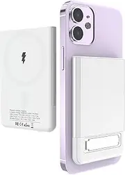Magnetic Power Bank 5000mAh, Wireless Portable Charger with Foldable Stand, 20W USB-C Fast Charging Ultimate Slim Battery Pack, Compatible with iPhone 15/15 Plus/15 Pro/iPhone 14/13/12 Series (White)