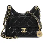 CHANEL HOBO BAG 經典雙C LOGO小牛皮金練斜背包/流浪包(黑/金)