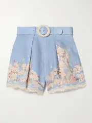 [Zimmermann] Zimmermann - Cascadian Belted Lace-trimmed Pleated Floral-print Linen Shorts - Blue - 1 1 Blue