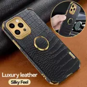 For iPhone 16 15 14 Pro Max 13 12 Crocodile Leather Ring Holder Phone Case Cover
