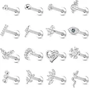 [Kakonia] 16Pcs 16G Cartilage Tragus Stud Earrings For Women Men Surgical Steel Internally Threaded CZ Moon Heart Evil Eye FlatBack Nose Labret Monroe Medusa Piercing Stud Tragus Helix Piercing