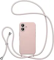 UEEBAI Crossbody Lanyard Phone case for iPhone 16, Silicone Phone Cover with Adjustable Necklace Strap Soft Belt Neck Cord Lanyard Case Preetty Crossbody Case for Women - Sand Pink