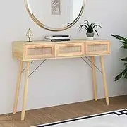 Console Table Brown 105x30x75 cm Solid Wood Pine&Natural Rattan,End Tables 16.1KG-345629
