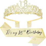 [CIEHER] 18th Birthday Crown and Sash Set, Gold Tiara and Sash for Teenage Girls, 3 Sets of 2 Pieces Each