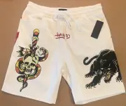 NWT ED HARDY OFF WHITE FLEECE TATTOO SKULL SNAKE PANTHER SWEAT SHORTS SIZE XL