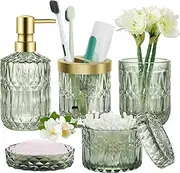 Green Bathroom Set, Luxury Bathroom Accessories Set of Lotion Dispenser, Glass Soap Dispenser, Toothbrush Holder, Soap Dish Holder, Tumbler for Cotton Swab Jars, Glass Bathroom Decor