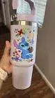 30 oz Stitches Pink Portable Tumbler with handle and Twist Lid straw UV Dtf