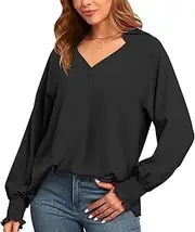 [Corfrute] Women Loose V-Neck Shirts Lantern Sleeve Blouse Tops Elegant Business Casual Outfits 2025