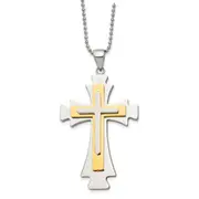 Stainless Steel Chisel Polished Yellow Ip-Plated Cross Pendant On A 22 Inch Ball Chain Necklace