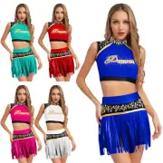 WomenShiny Cheerleading Uniform Sleeveless Tank Top with Tassels Shorts Set