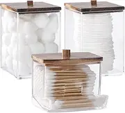 Tbestmax Bathroom Organizer Accessories Set-12/7 oz Qtips Holder Storage, Clear Cotton Ball/Swabs Dispenser, Plastic Square Apothecary Jars with Brown Wood Lids
