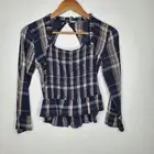 Free People Womens Nicole Smocked Top Size XS Blue Plaid Open Back Prairie BOHO