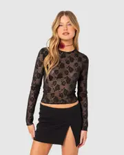 EDIKTED Womens Rose Embroidered Fishnet Top BLACK
