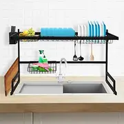TOQUE Over Sink Dish Drying Rack 2 Tier 65cm Length Double Sink,Stainless Steel Kitchen Drainer Cutlery Utensil Plate Organizer Black,Freestanding Large Storage Multiple Baskets Board for Countertop