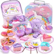 REMOKING 45PCS Unicorn Toys Tea Party Set for Girls,Birthday Gifts for Toddler Age 3+, Pretend Teapot,Dessert Playset, Carrying Case for Role Play,Princess Toy for 2-6 Year Old Kids