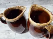 Vintage HULL Pottery Oven Proof Creamer/Syrup Pitcher~Brown Drip Glaze~ lot of 2