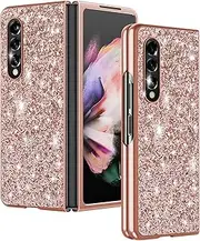 Z Fold 3 Glitter Case for Samsung Galaxy Z Fold3 5G Phone Case for Women Girls, Slim Ultra Thin Matte Back Shockproof Protective Cover for Samsung Z Fold 3 5G, 7.6" Crystal Bling Case (Rose Gold)