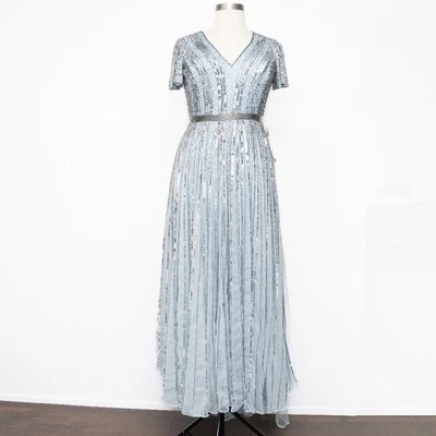 Mac Duggal. Blue Stripe Sequin V-Neck Gown.