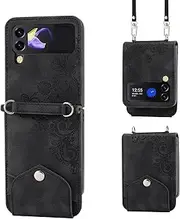 [Dswteny] Wallet Case for Samsung Galaxy Z Flip 5 5G 2023 with Wrist Strap Crossbody Shoulder Strap, Embossed Leather Flip Credit Slim Card Holder Stand Cover for ZFlip5 Z5 G Flip5 5Z Women Girls Black