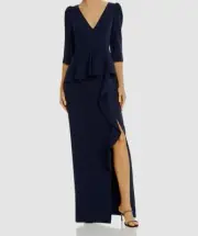 $350 Aidan Mattox Women's Blue 3/4 Sleeve Open Back Column Gown Dress Size 0