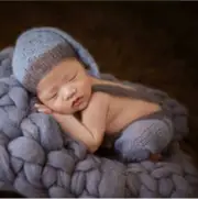 Light Blue and grey Mohair Knot Hat and Overall Pants Set Newborn Photo Props