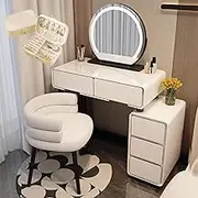 Small Vanity Desk Set, Dressing Table with Chair Mirror Jewelry Box,Telescopic Dresser with 4 Drawers for Girls Bedroom(80cm)